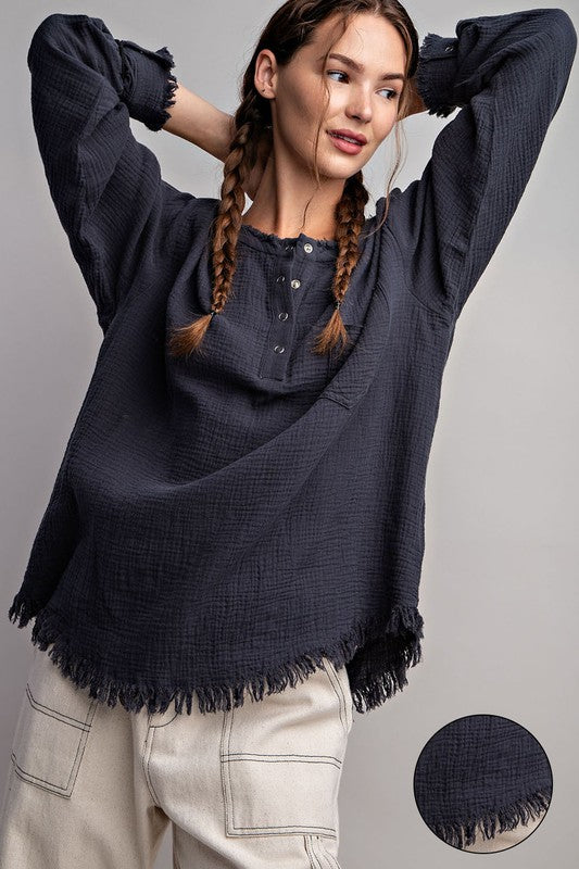 WASHED FRINGE HENLEY LONG SLEEVE TOP