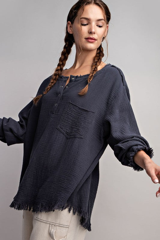 WASHED FRINGE HENLEY LONG SLEEVE TOP