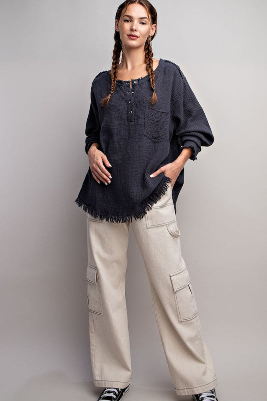 WASHED FRINGE HENLEY LONG SLEEVE TOP