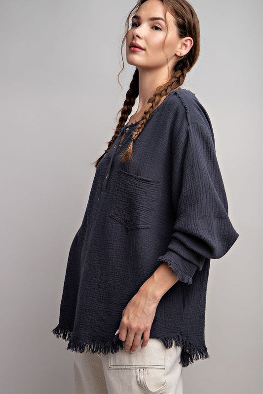 WASHED FRINGE HENLEY LONG SLEEVE TOP