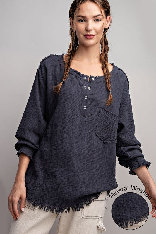 WASHED FRINGE HENLEY LONG SLEEVE TOP