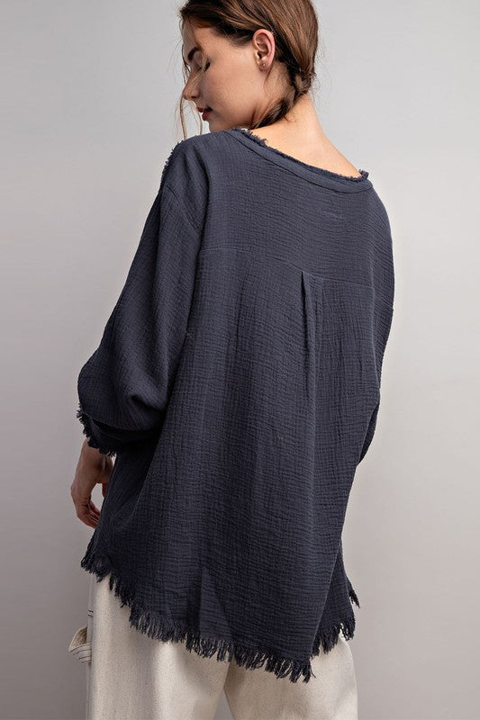 WASHED FRINGE HENLEY LONG SLEEVE TOP