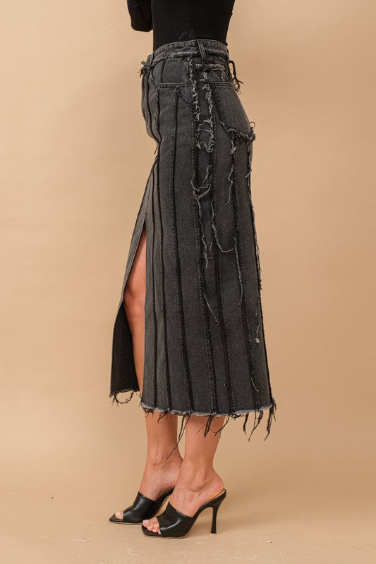 DISTRESSED SEAM SLIT AT FRONT MAXI DENIM SKIRT