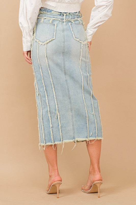 DISTRESSED SEAM SLIT AT FRONT MAXI DENIM SKIRT