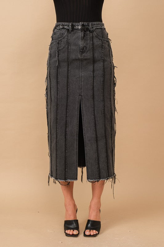 DISTRESSED SEAM SLIT AT FRONT MAXI DENIM SKIRT