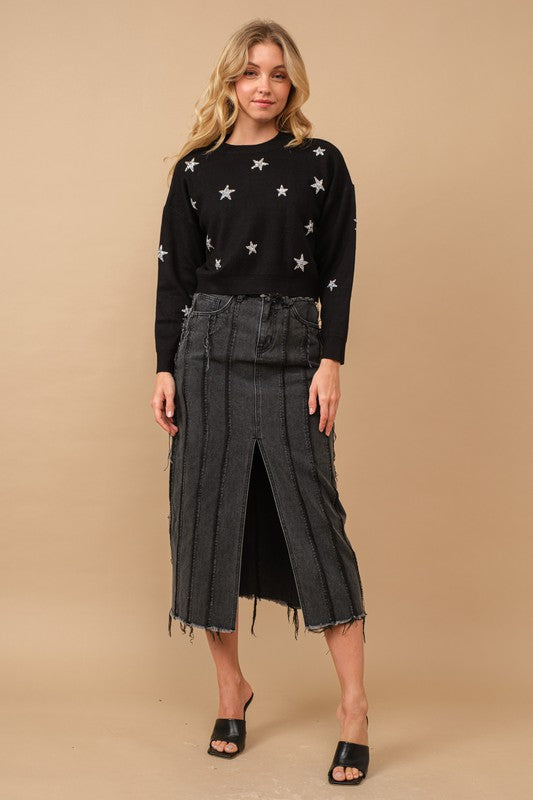DISTRESSED SEAM SLIT AT FRONT MAXI DENIM SKIRT