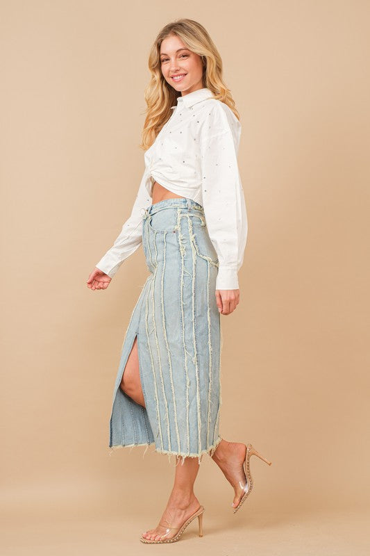 DISTRESSED SEAM SLIT AT FRONT MAXI DENIM SKIRT