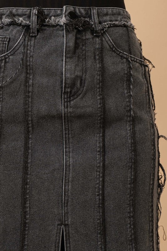 DISTRESSED SEAM SLIT AT FRONT MAXI DENIM SKIRT