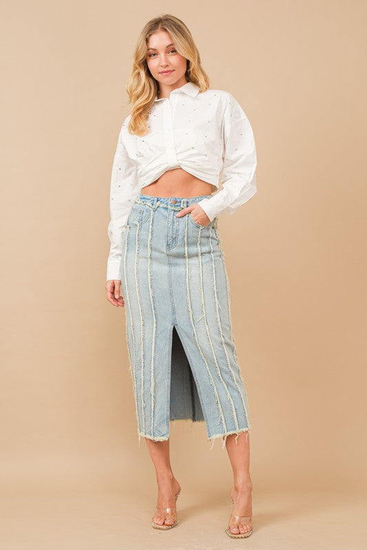 DISTRESSED SEAM SLIT AT FRONT MAXI DENIM SKIRT