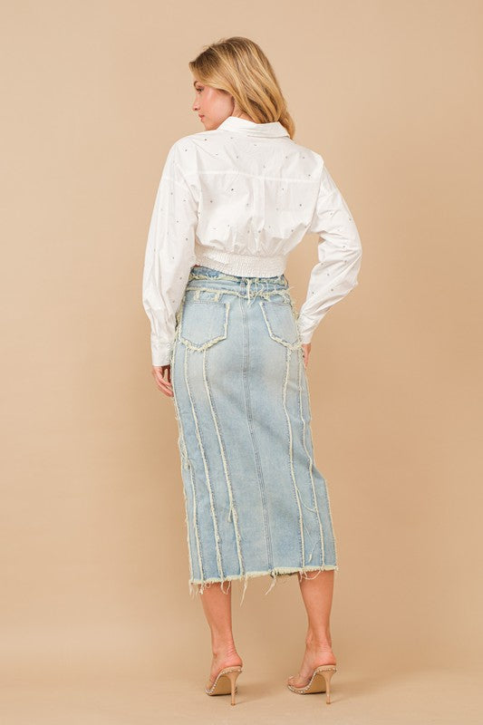 DISTRESSED SEAM SLIT AT FRONT MAXI DENIM SKIRT