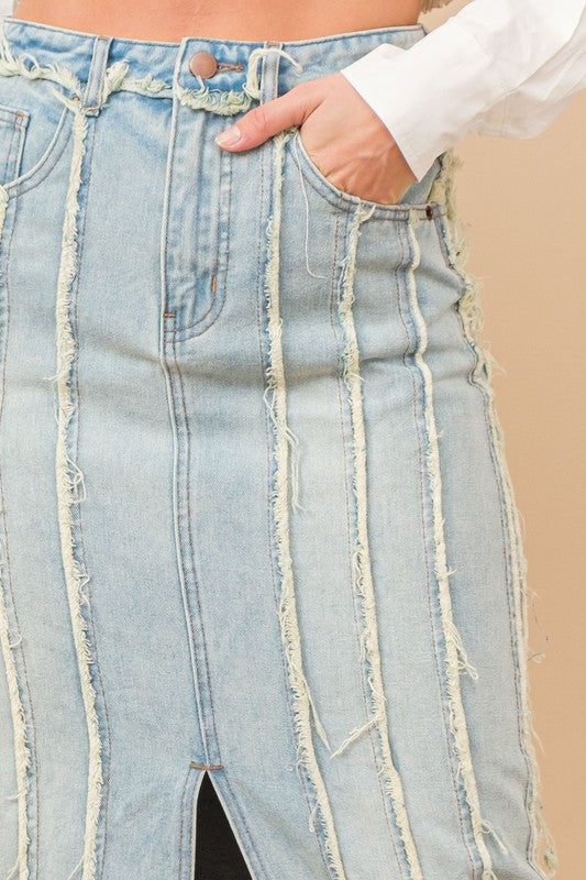 DISTRESSED SEAM SLIT AT FRONT MAXI DENIM SKIRT