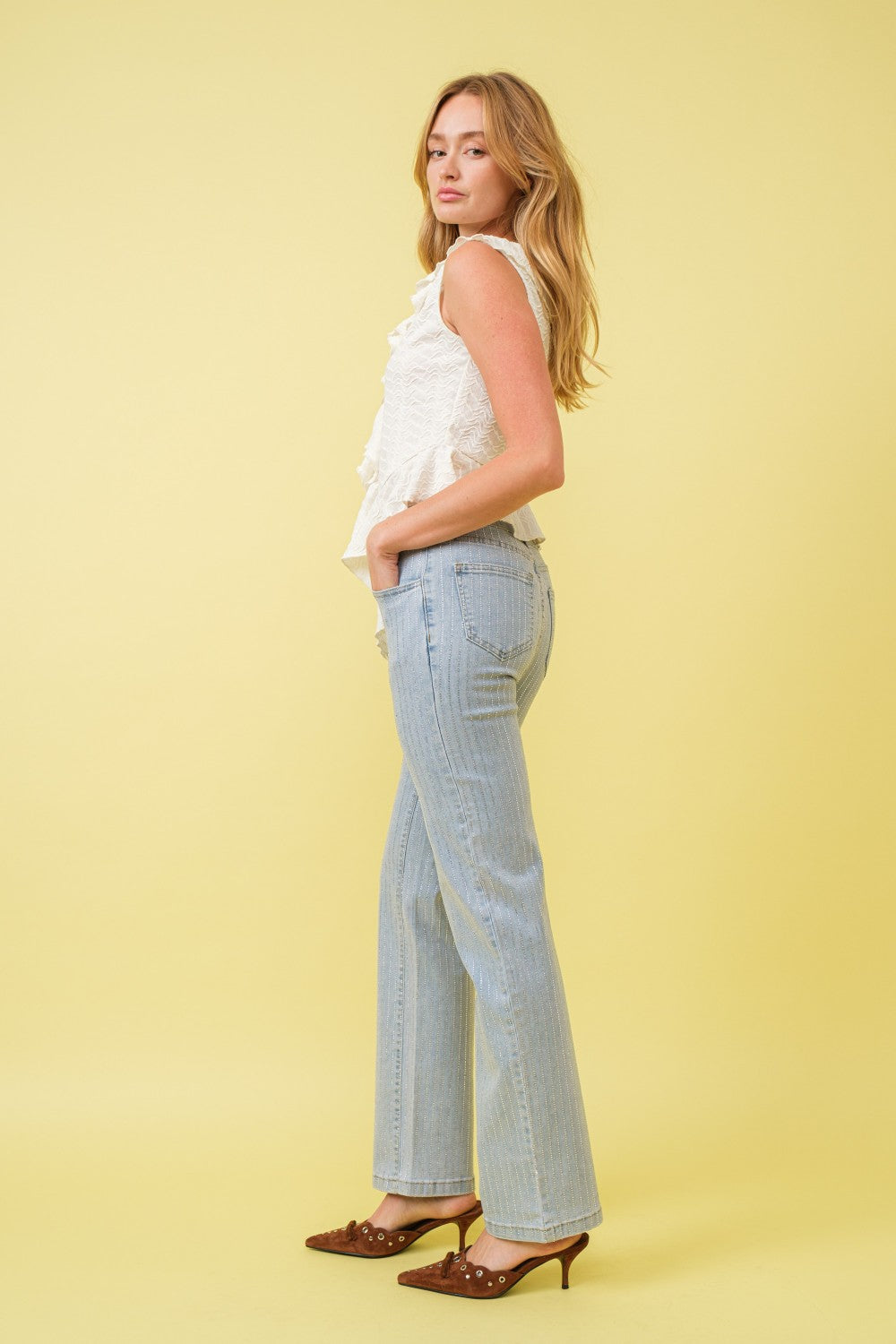 STRETCH MID RISE RHINESTONE STRIPE FITTED JEANS