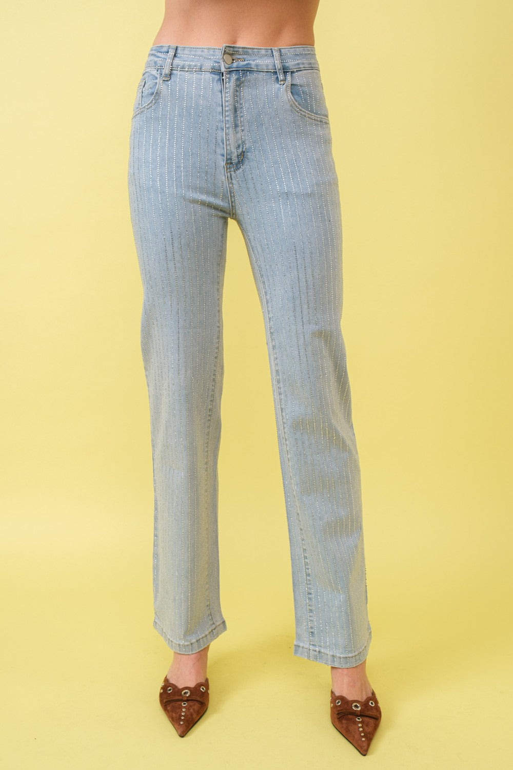 STRETCH MID RISE RHINESTONE STRIPE FITTED JEANS