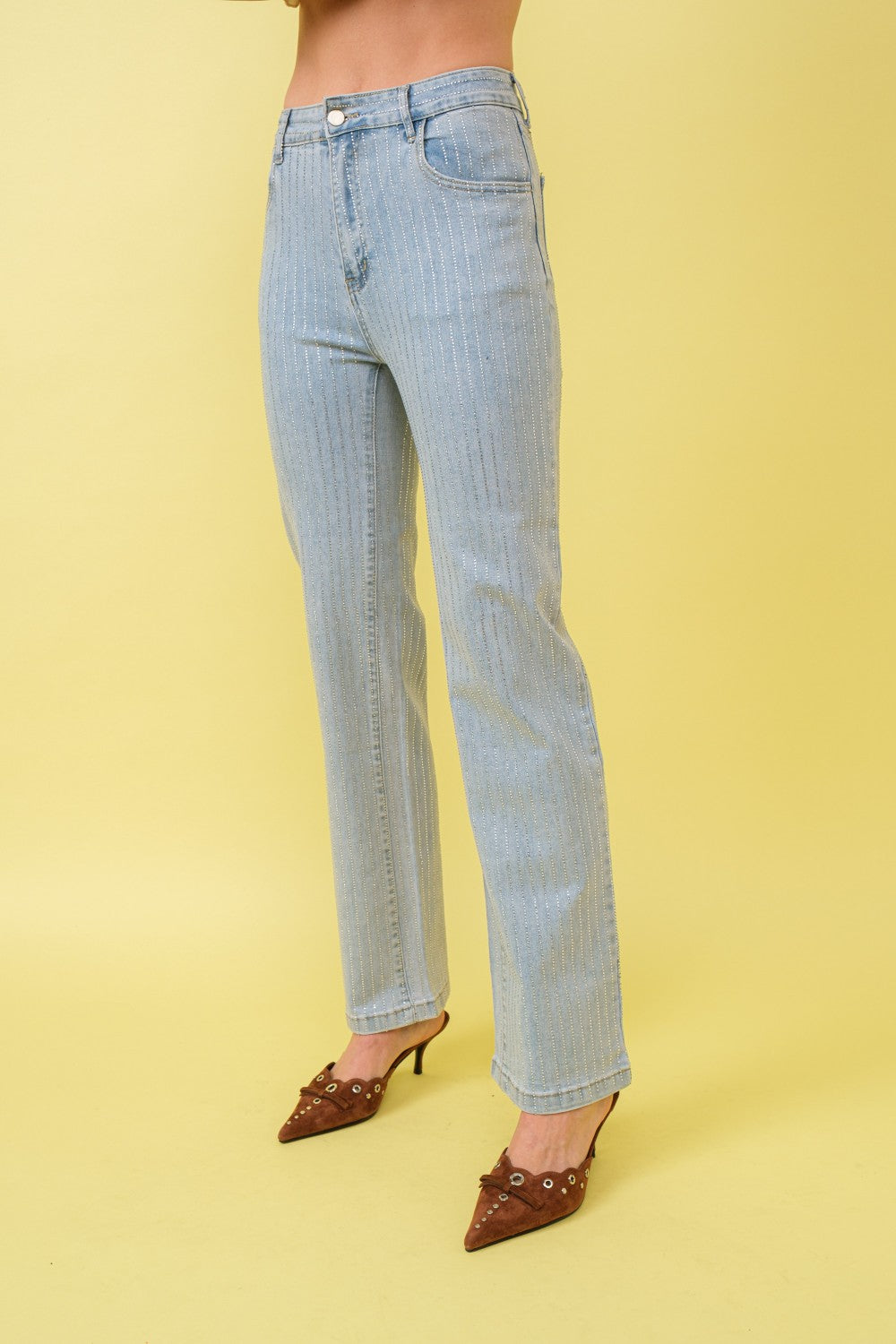 STRETCH MID RISE RHINESTONE STRIPE FITTED JEANS