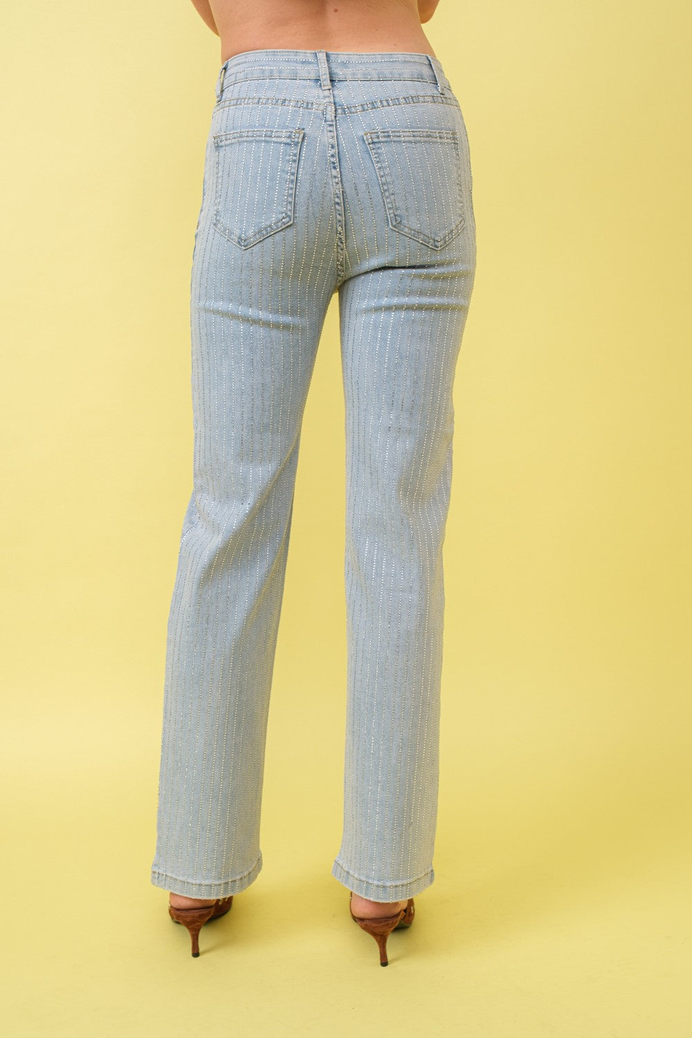 STRETCH MID RISE RHINESTONE STRIPE FITTED JEANS