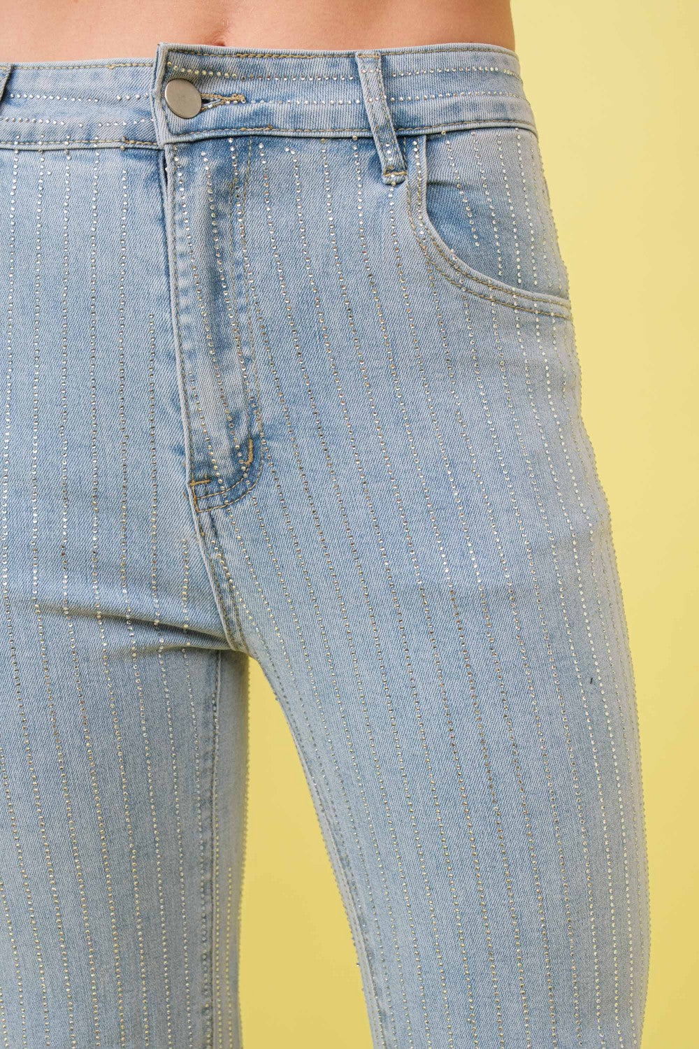 STRETCH MID RISE RHINESTONE STRIPE FITTED JEANS