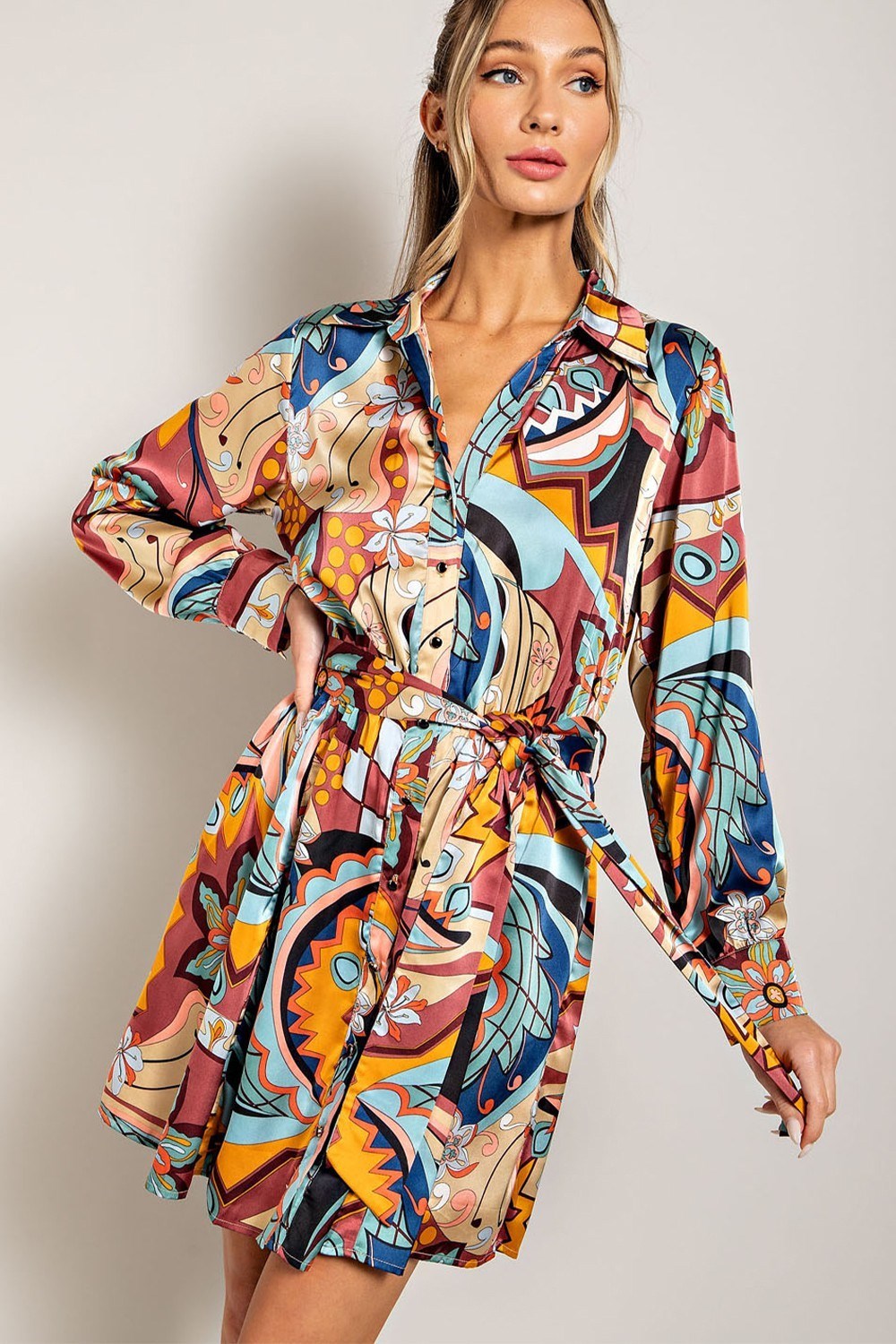 PRINT TIE WAIST WRAP MINI DRESS