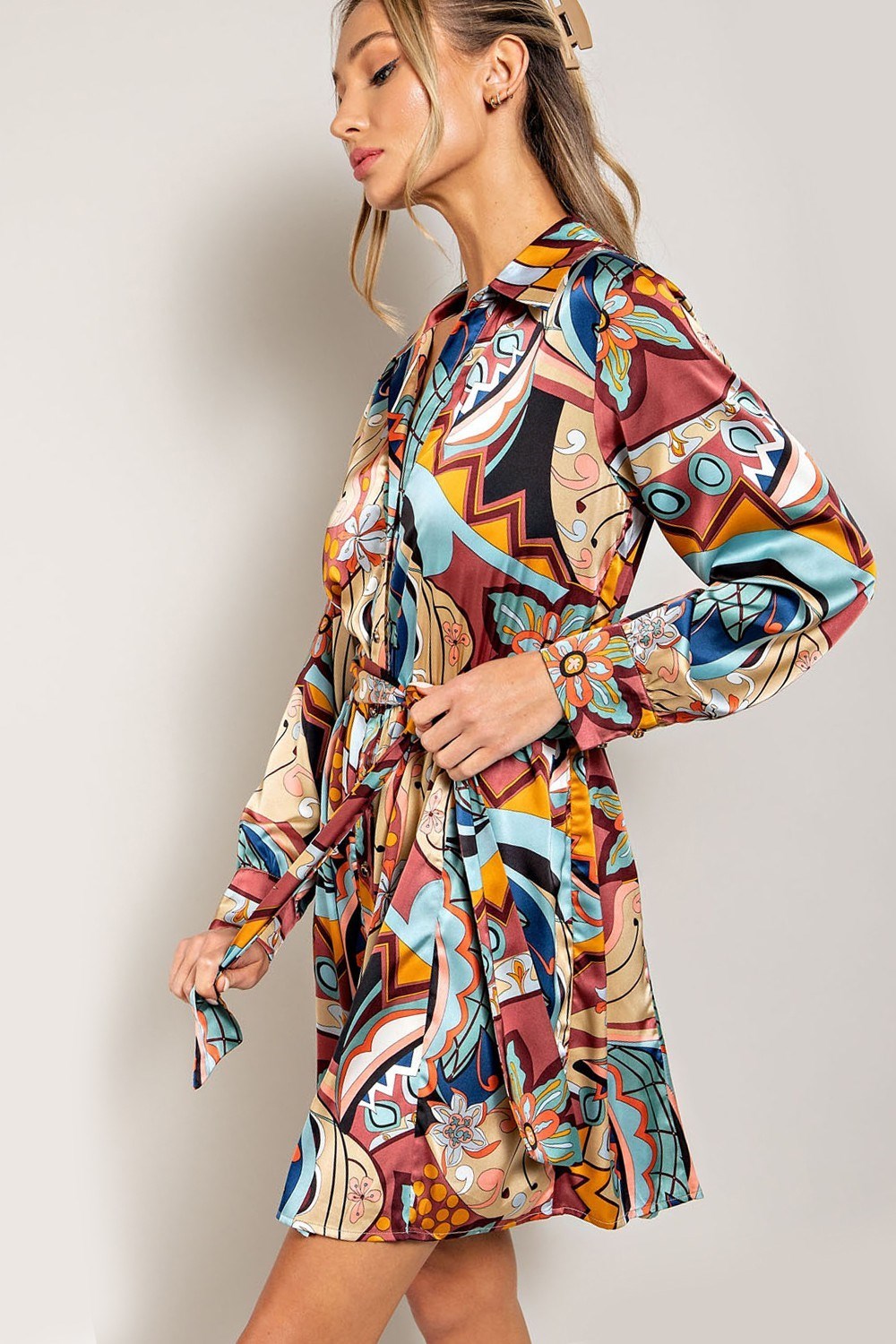 PRINT TIE WAIST WRAP MINI DRESS