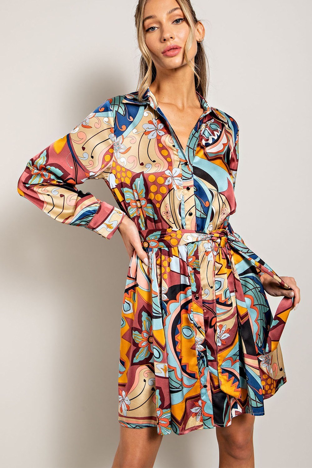 PRINT TIE WAIST WRAP MINI DRESS