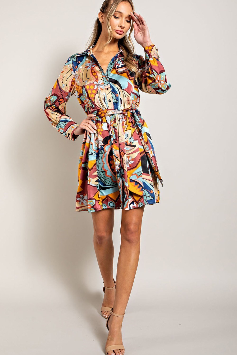 PRINT TIE WAIST WRAP MINI DRESS