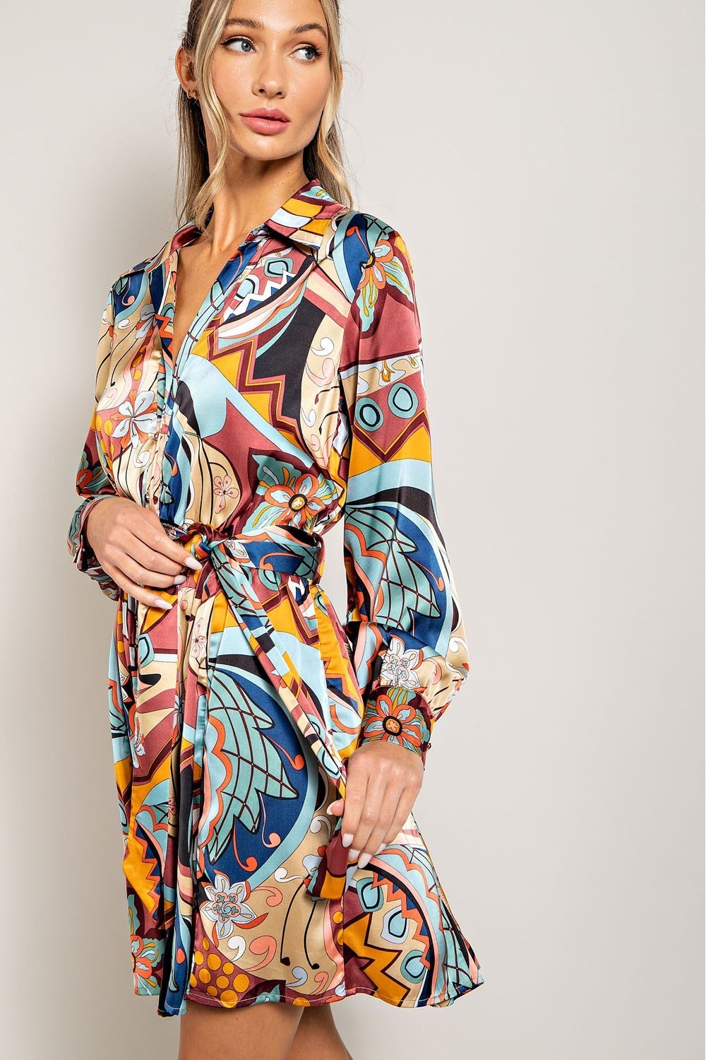 PRINT TIE WAIST WRAP MINI DRESS