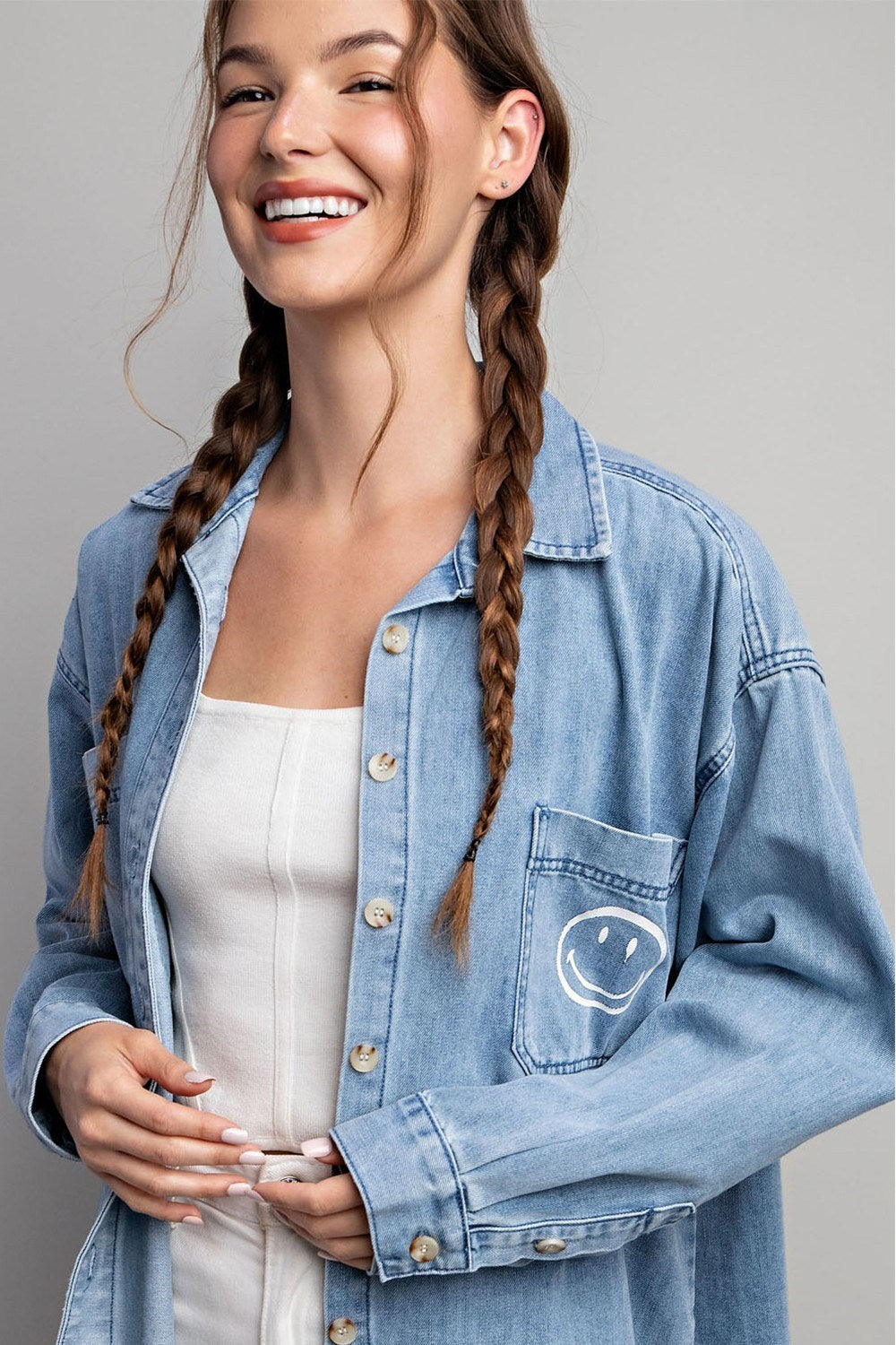 SMILE DENIM BUTTON DOWN SHIRT