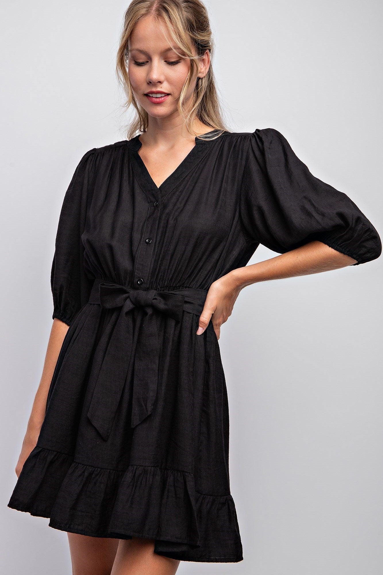 SPLIT NECK PEASANT DRESS