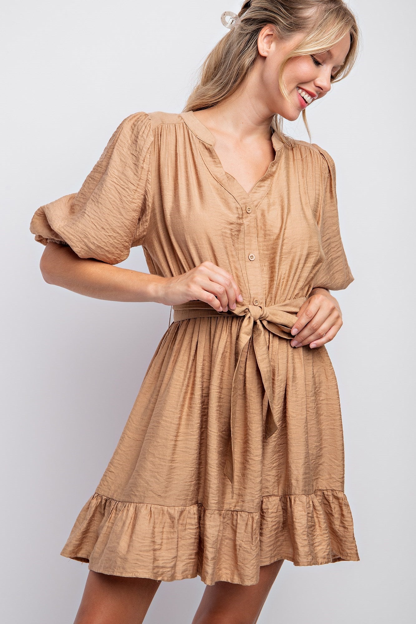SPLIT NECK PEASANT DRESS