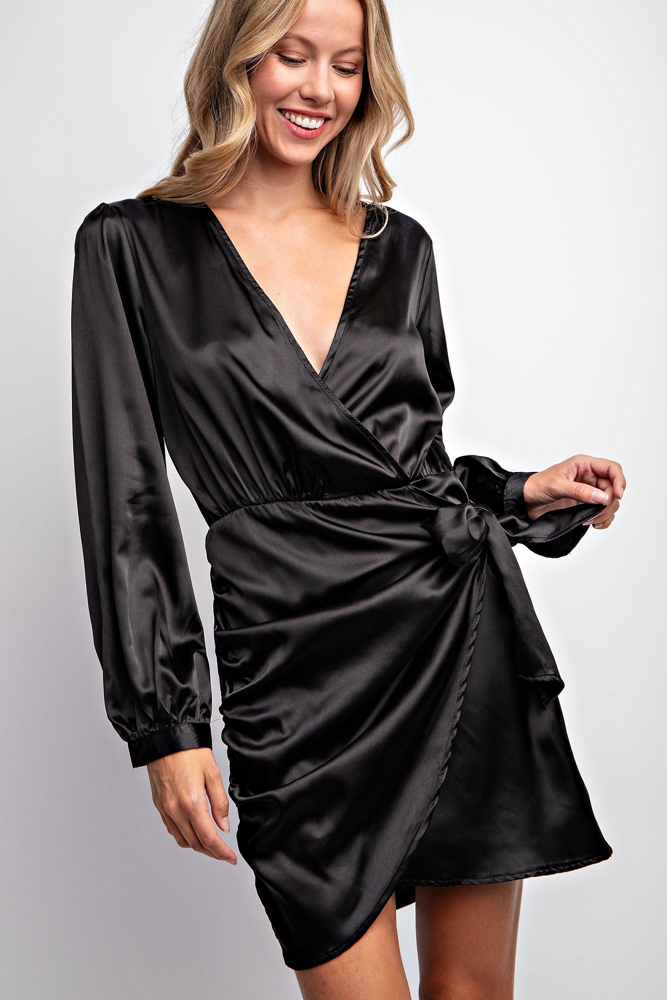 SURPLICE WRAP SATIN MINI DRESS