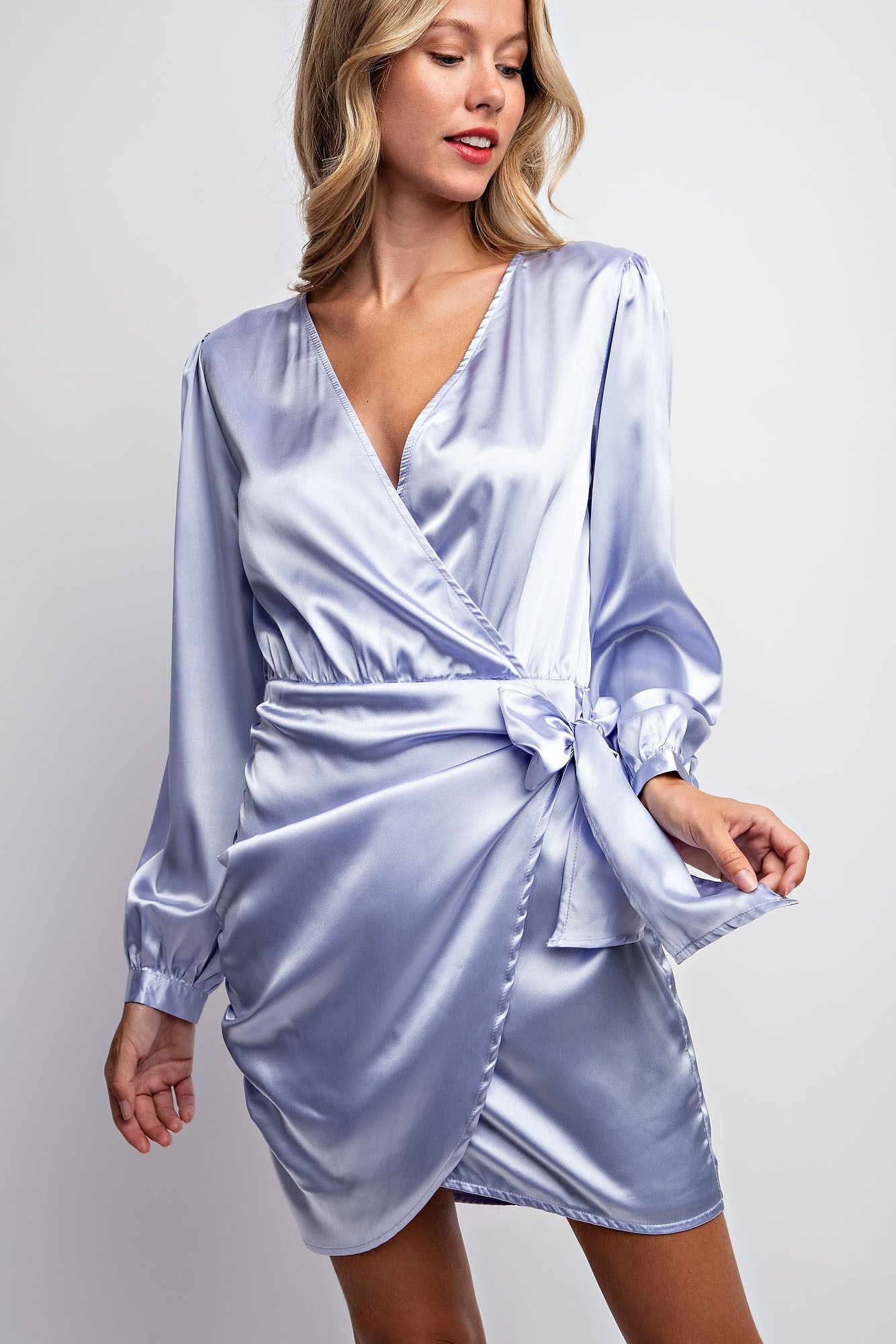 SURPLICE WRAP SATIN MINI DRESS