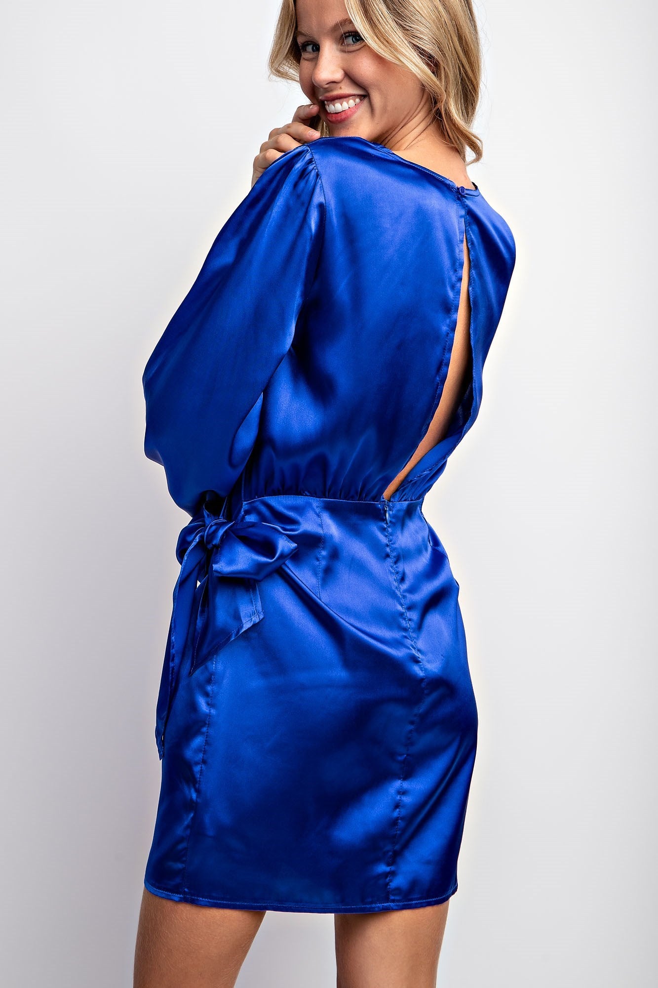 SURPLICE WRAP SATIN MINI DRESS