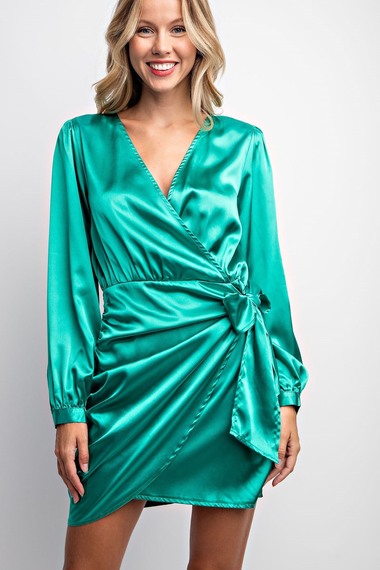 SURPLICE WRAP SATIN MINI DRESS