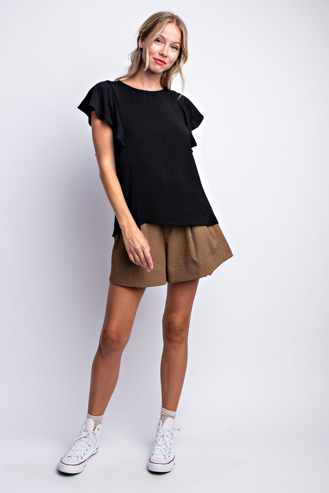 RUFFLED SLEEVE SOLID STRETCH BLOUSE