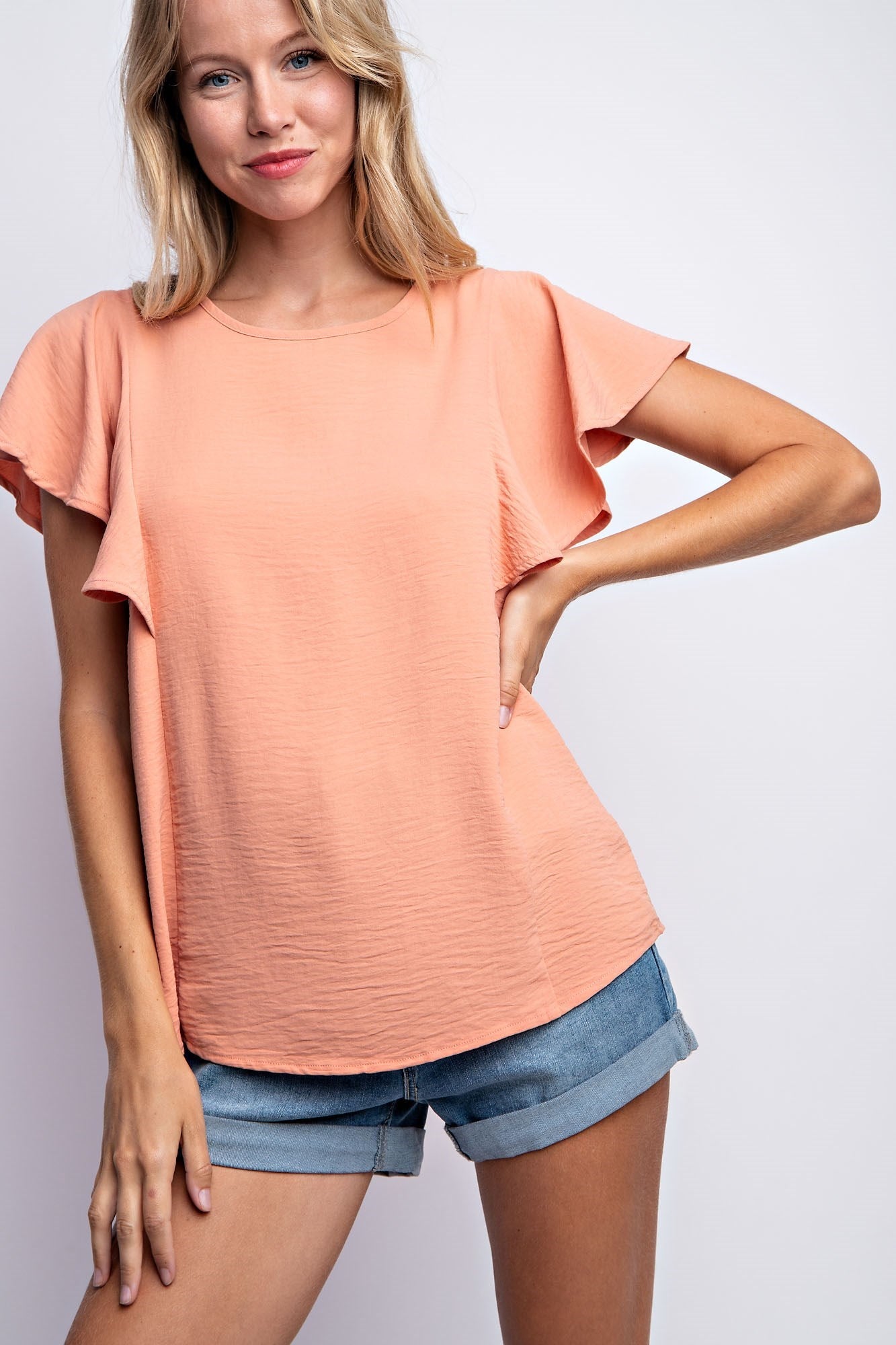 RUFFLED SLEEVE SOLID STRETCH BLOUSE