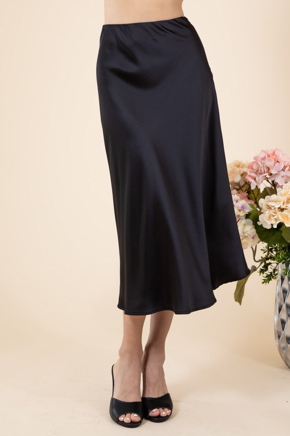 Solid Satin Midi Slip Skirt