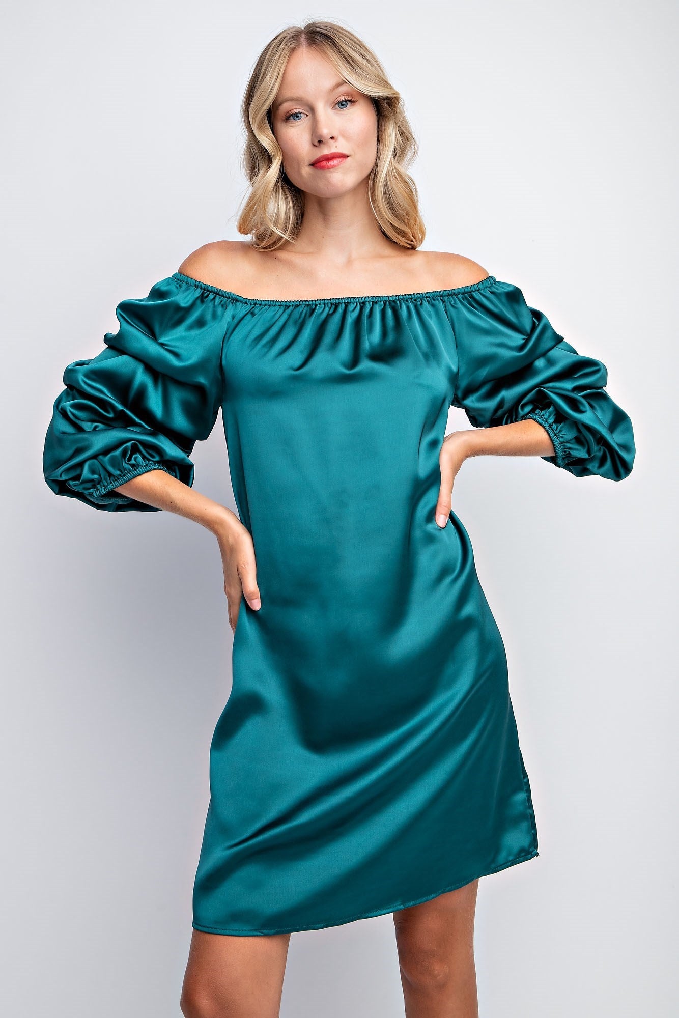 BALLOON SLEEVE SOLID SATIN DRESS