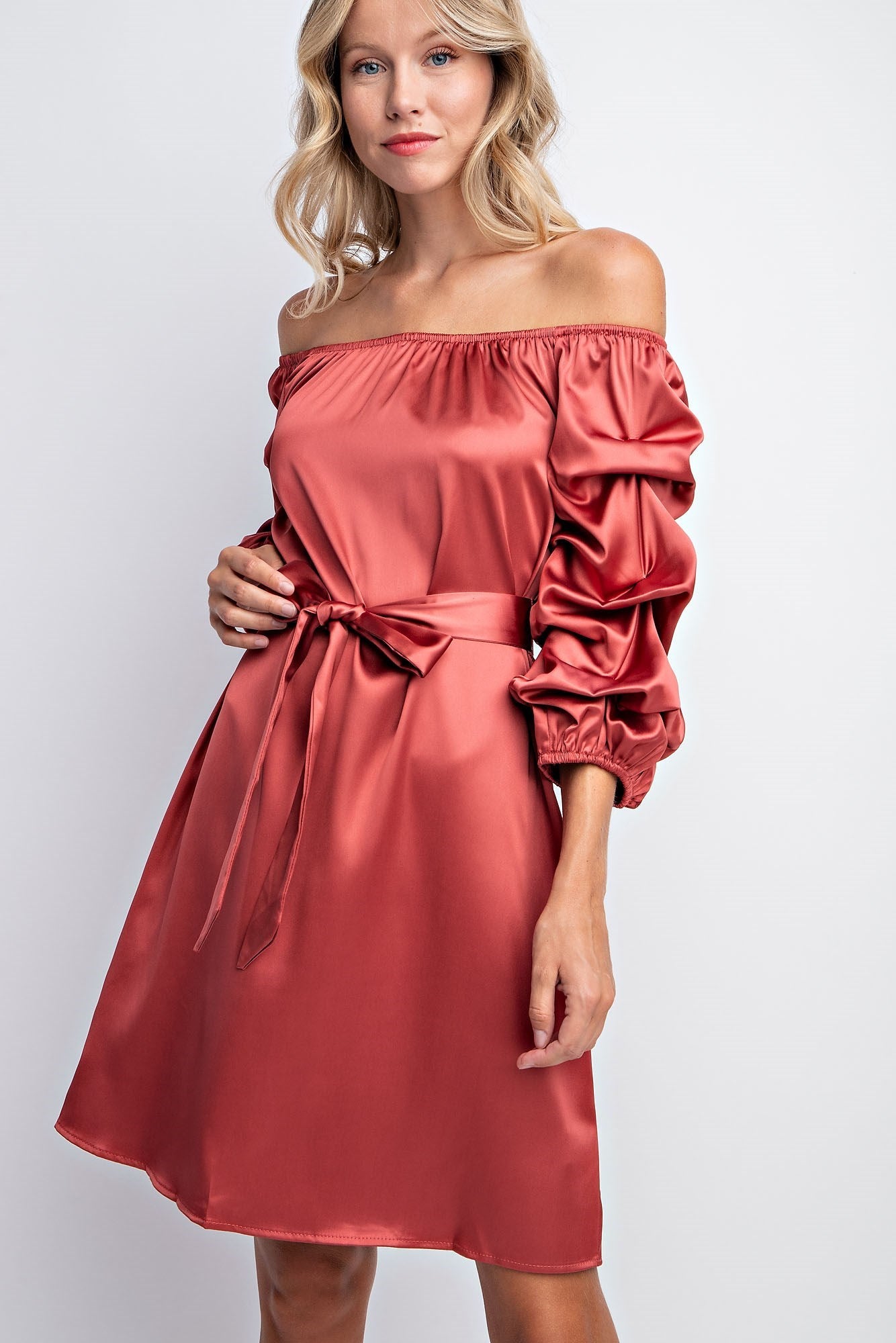 BALLOON SLEEVE SOLID SATIN DRESS