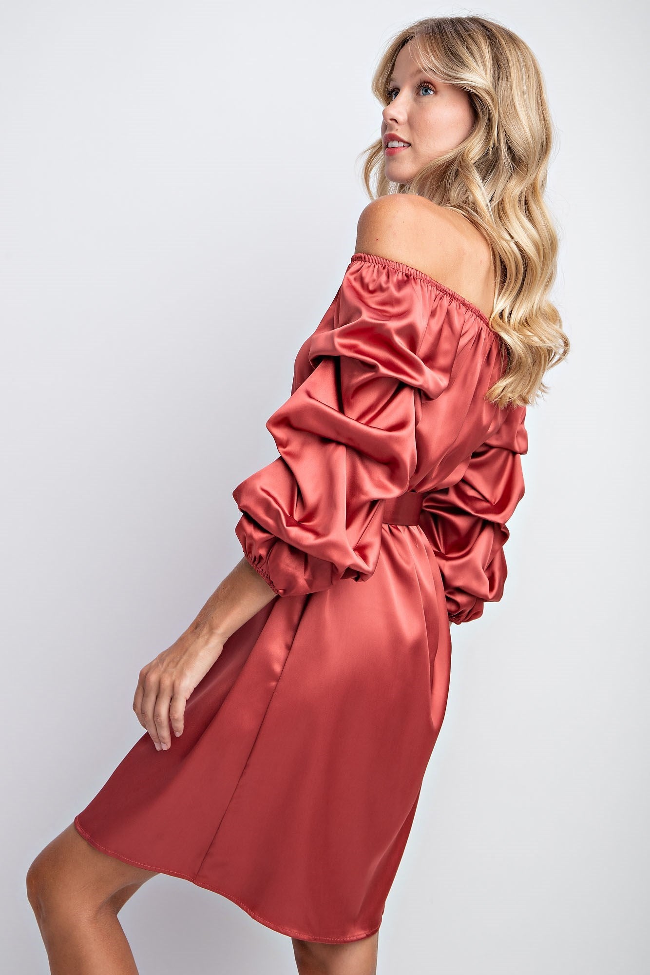 BALLOON SLEEVE SOLID SATIN DRESS