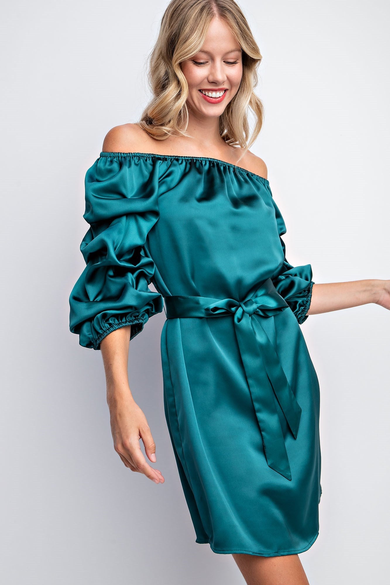 BALLOON SLEEVE SOLID SATIN DRESS