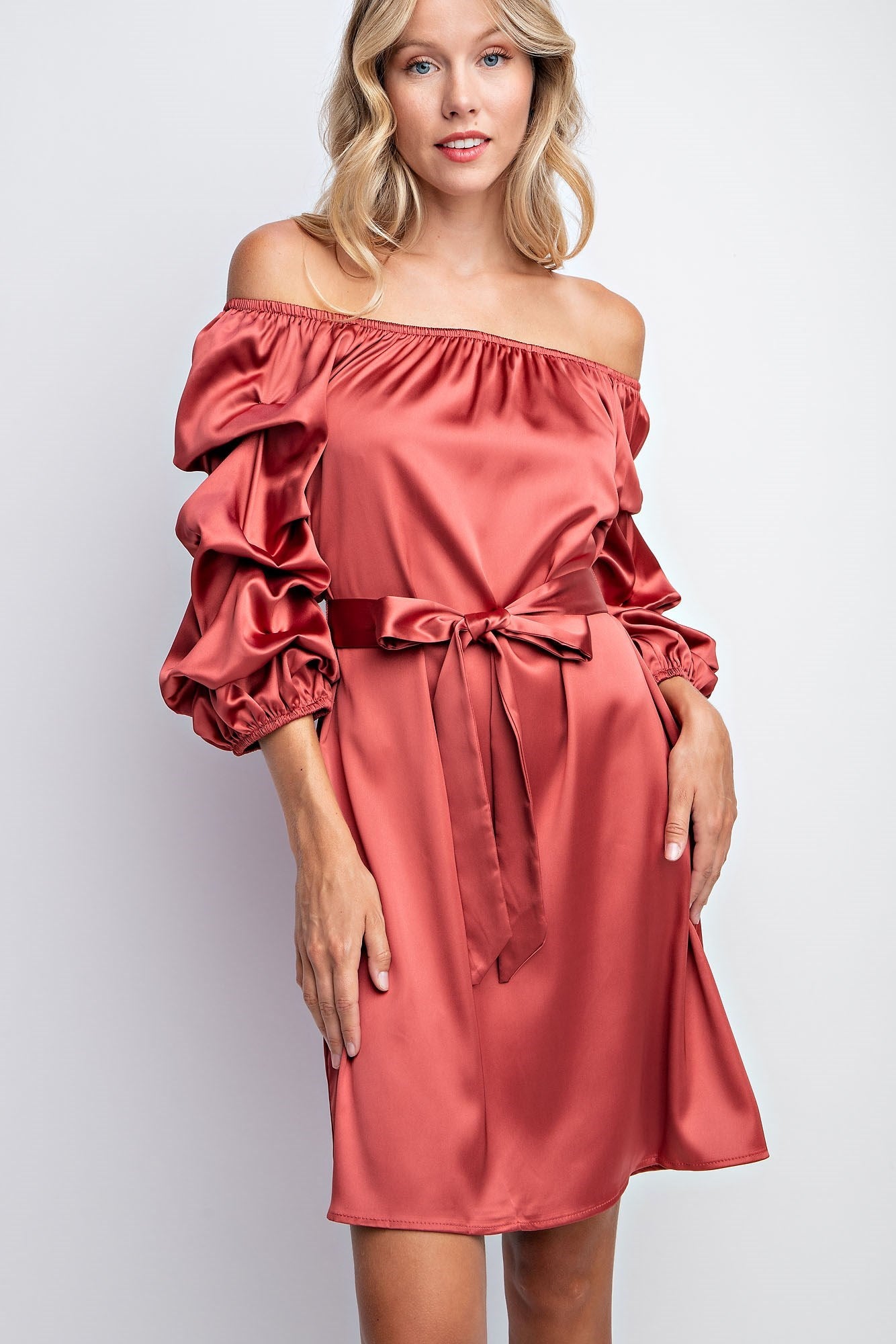 BALLOON SLEEVE SOLID SATIN DRESS