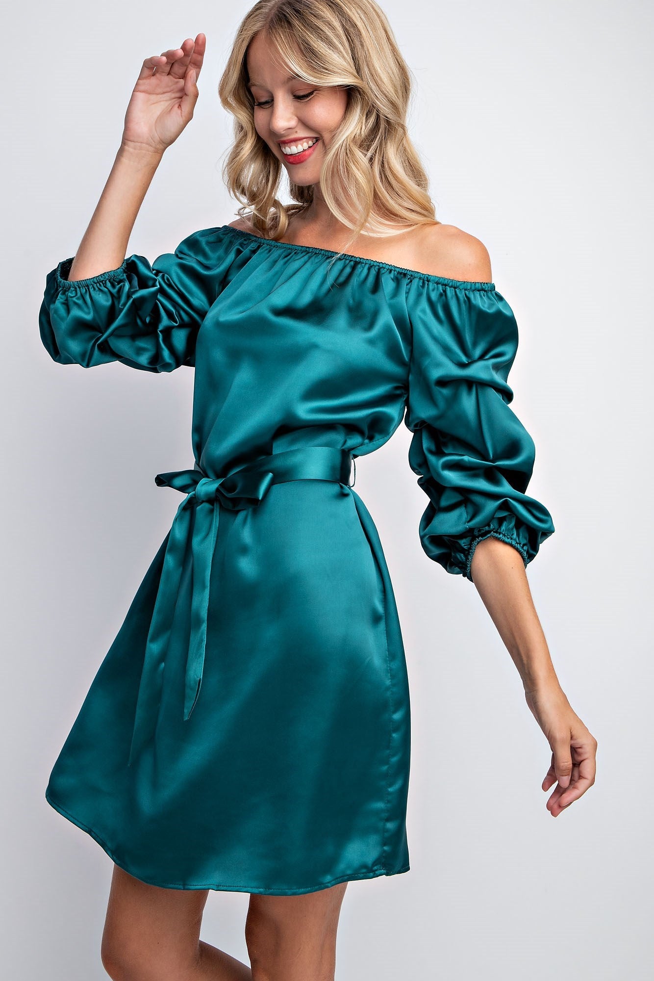 BALLOON SLEEVE SOLID SATIN DRESS