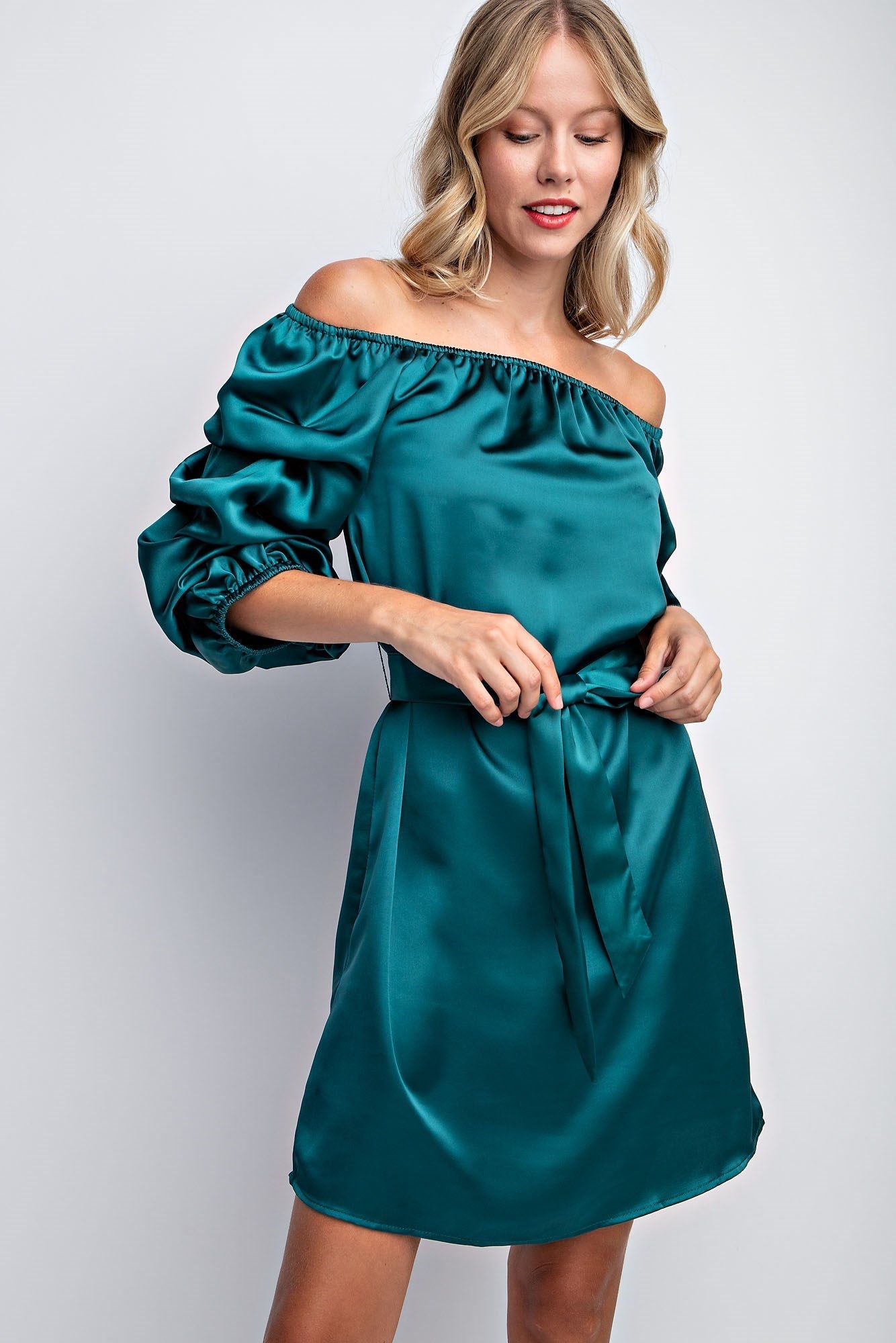 BALLOON SLEEVE SOLID SATIN DRESS