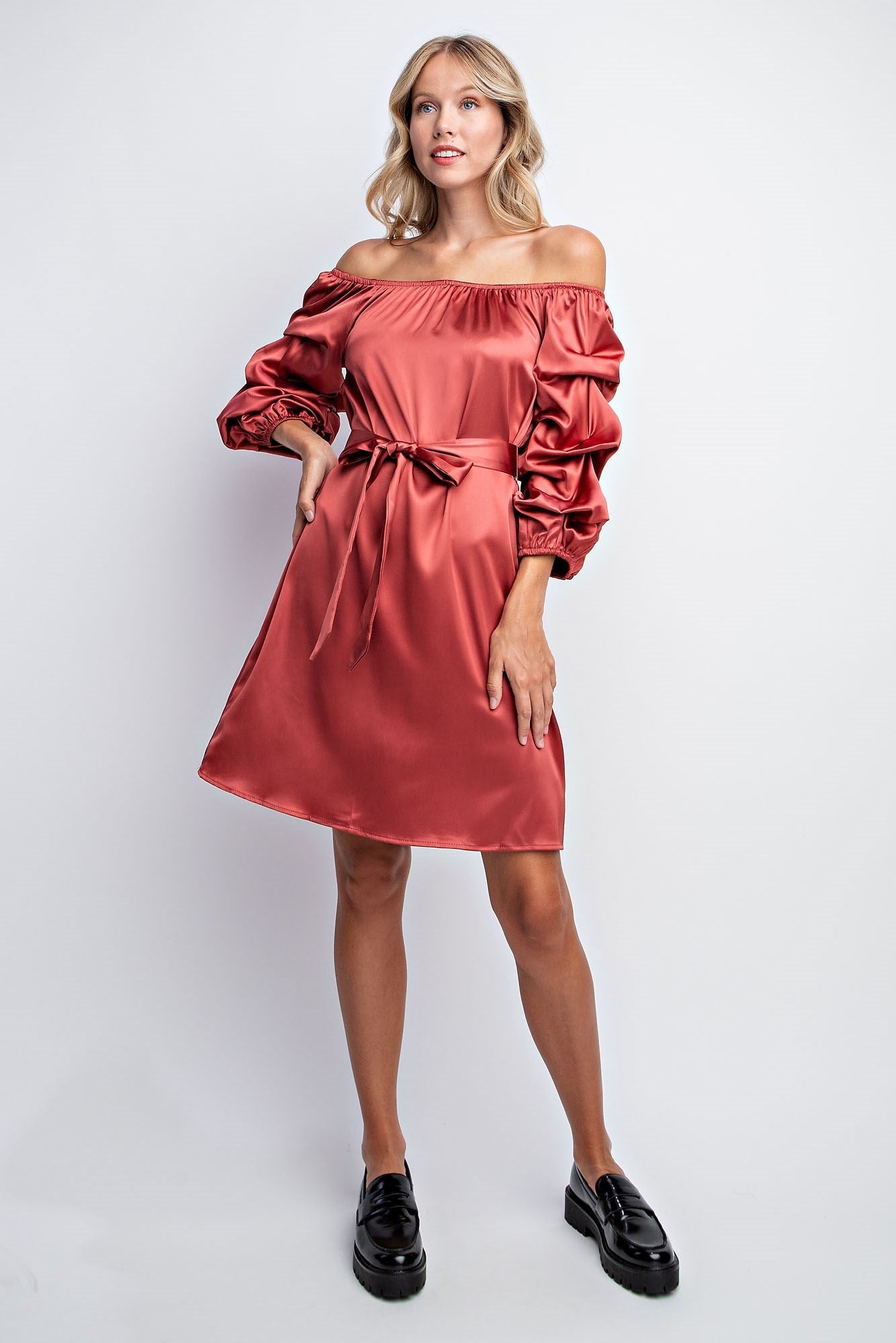 BALLOON SLEEVE SOLID SATIN DRESS
