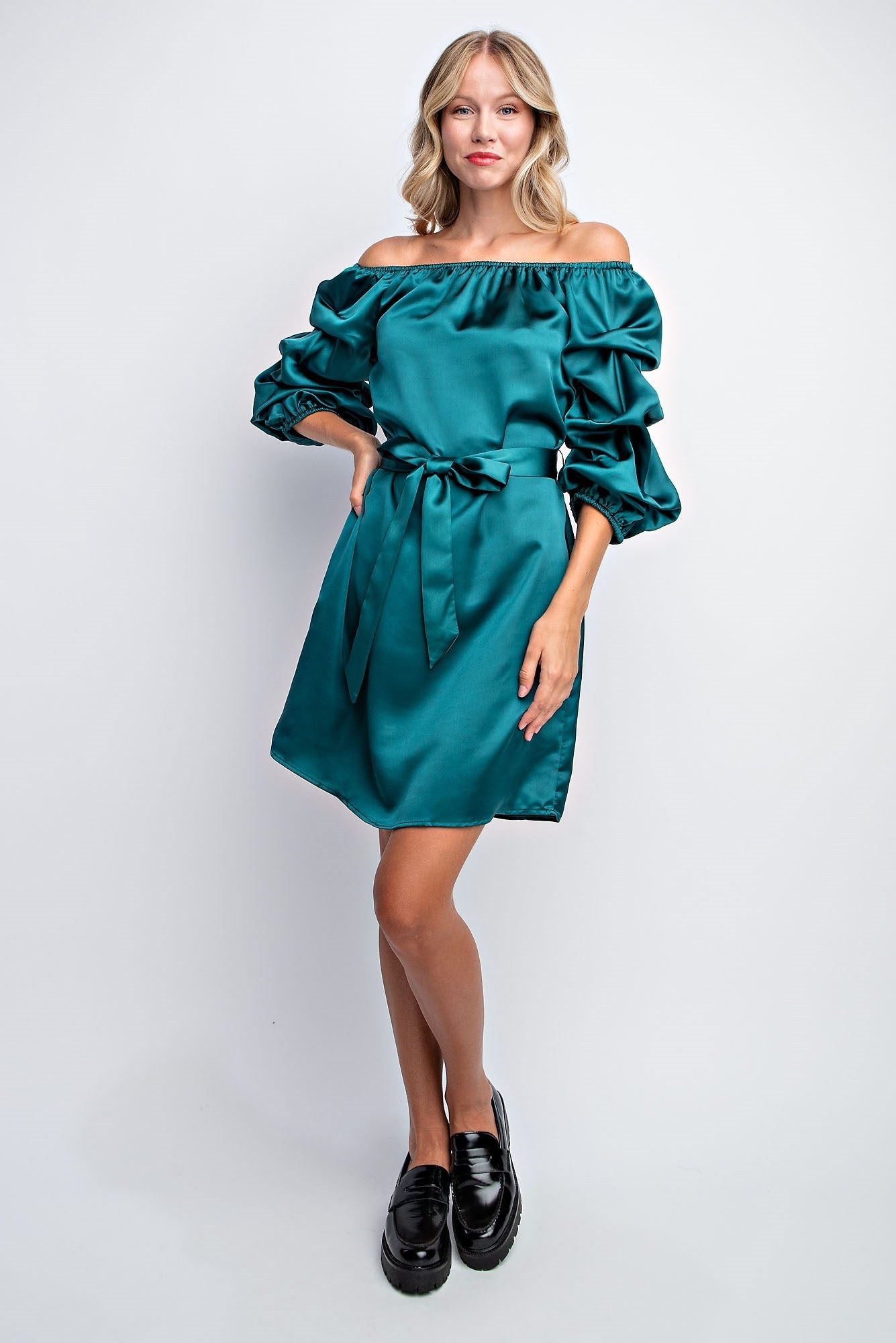 BALLOON SLEEVE SOLID SATIN DRESS