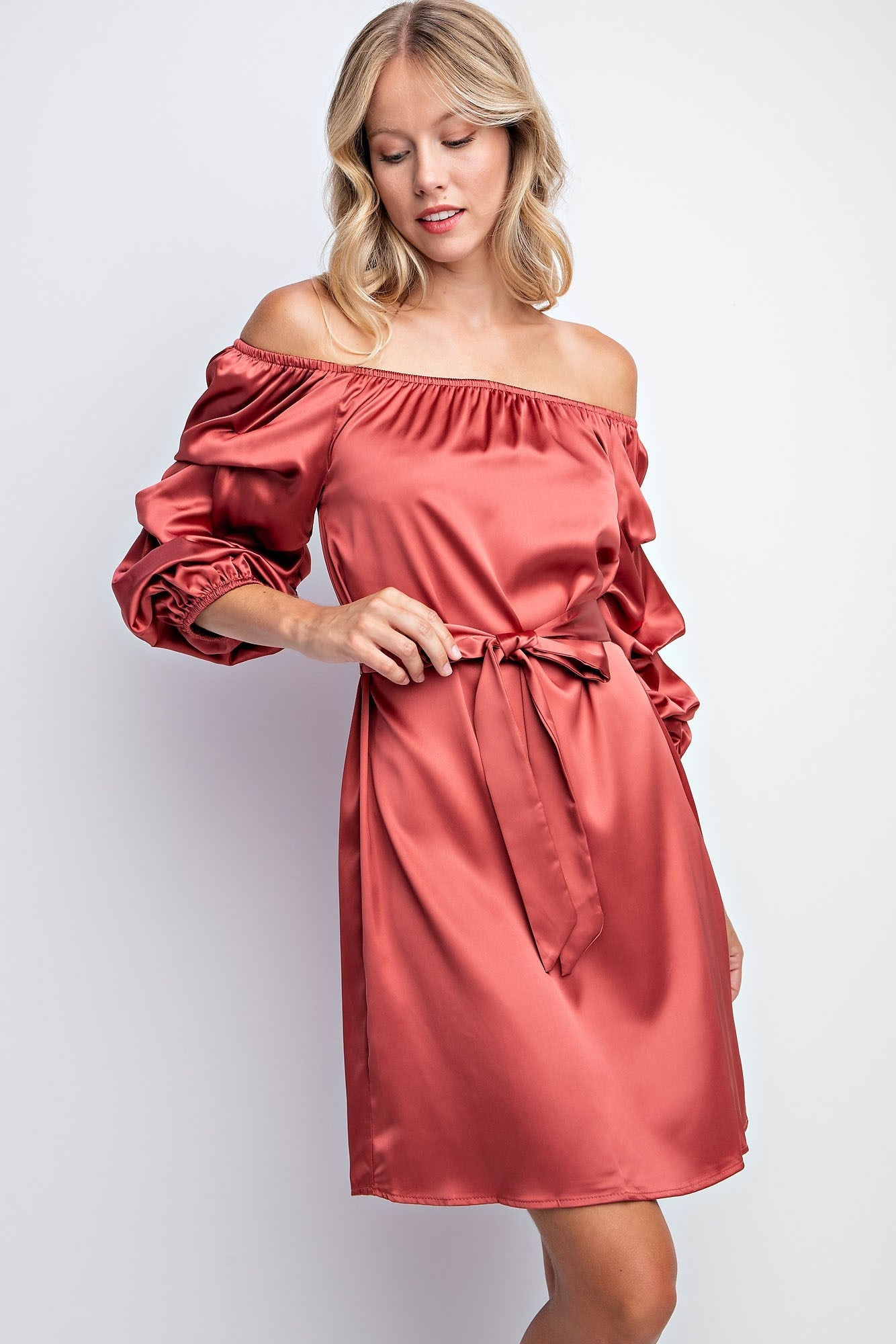 BALLOON SLEEVE SOLID SATIN DRESS