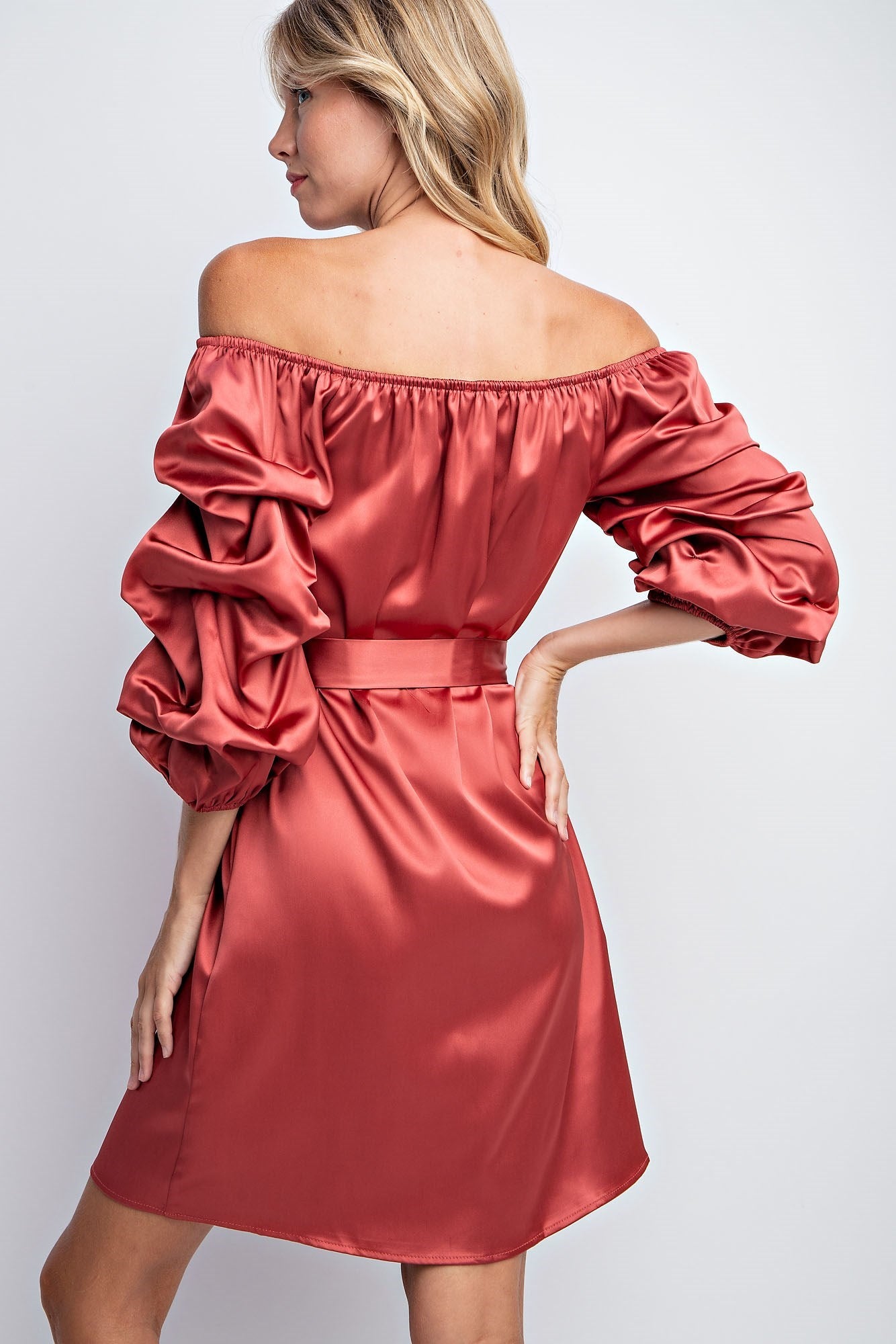 BALLOON SLEEVE SOLID SATIN DRESS