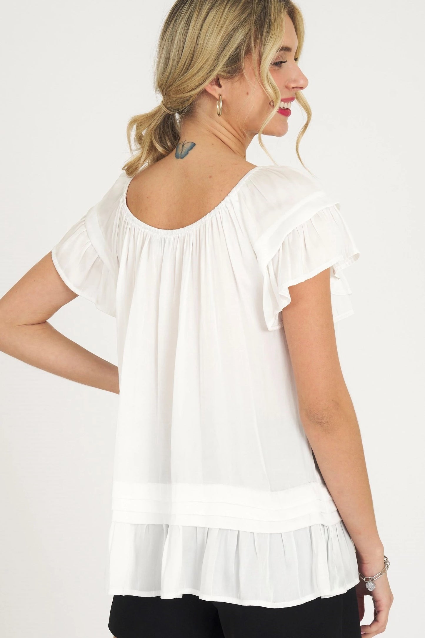 SOLID RUFFLE PEASANT TOP