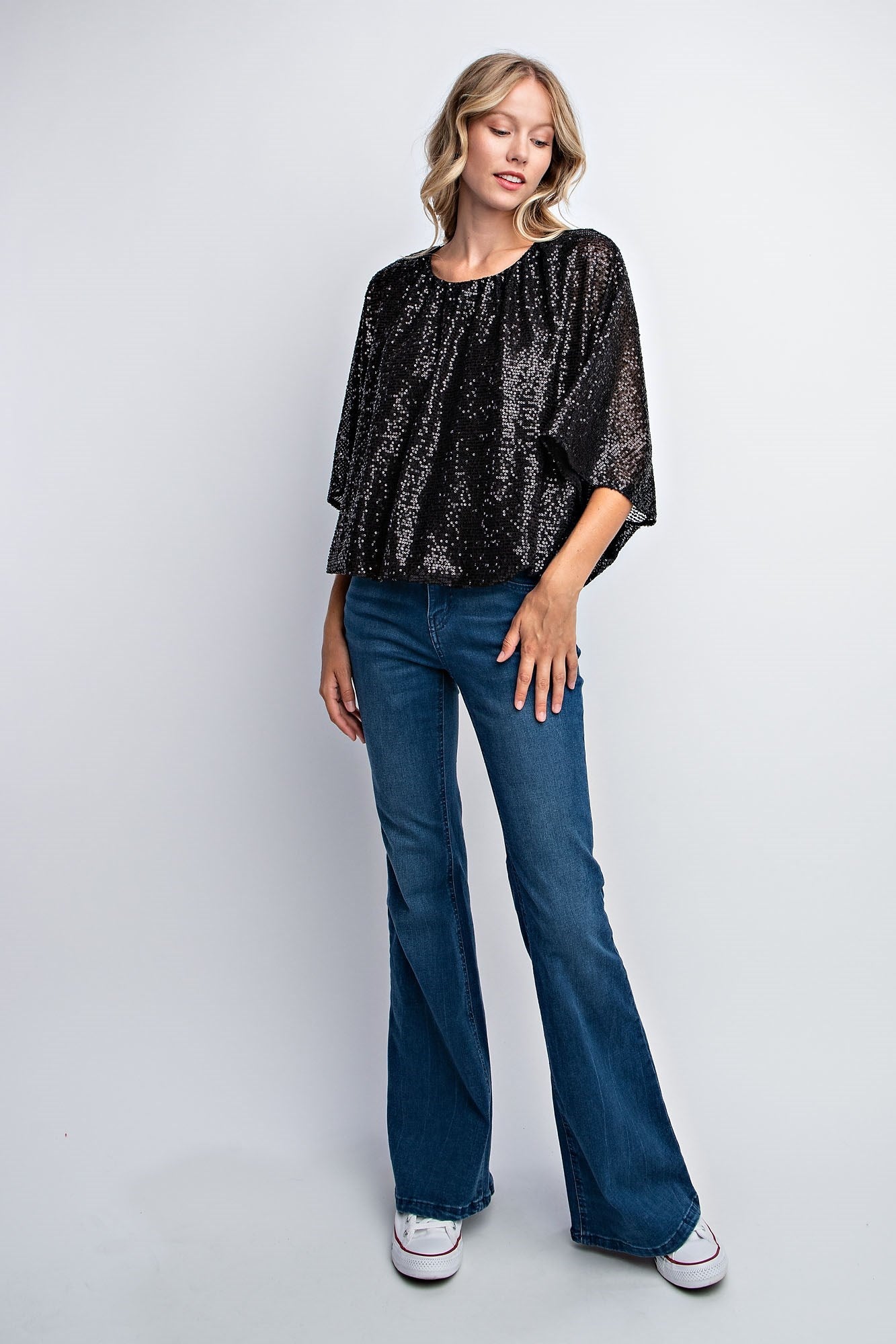 FLUTTER SLEEVE SEQUIN BLOUSE TOP