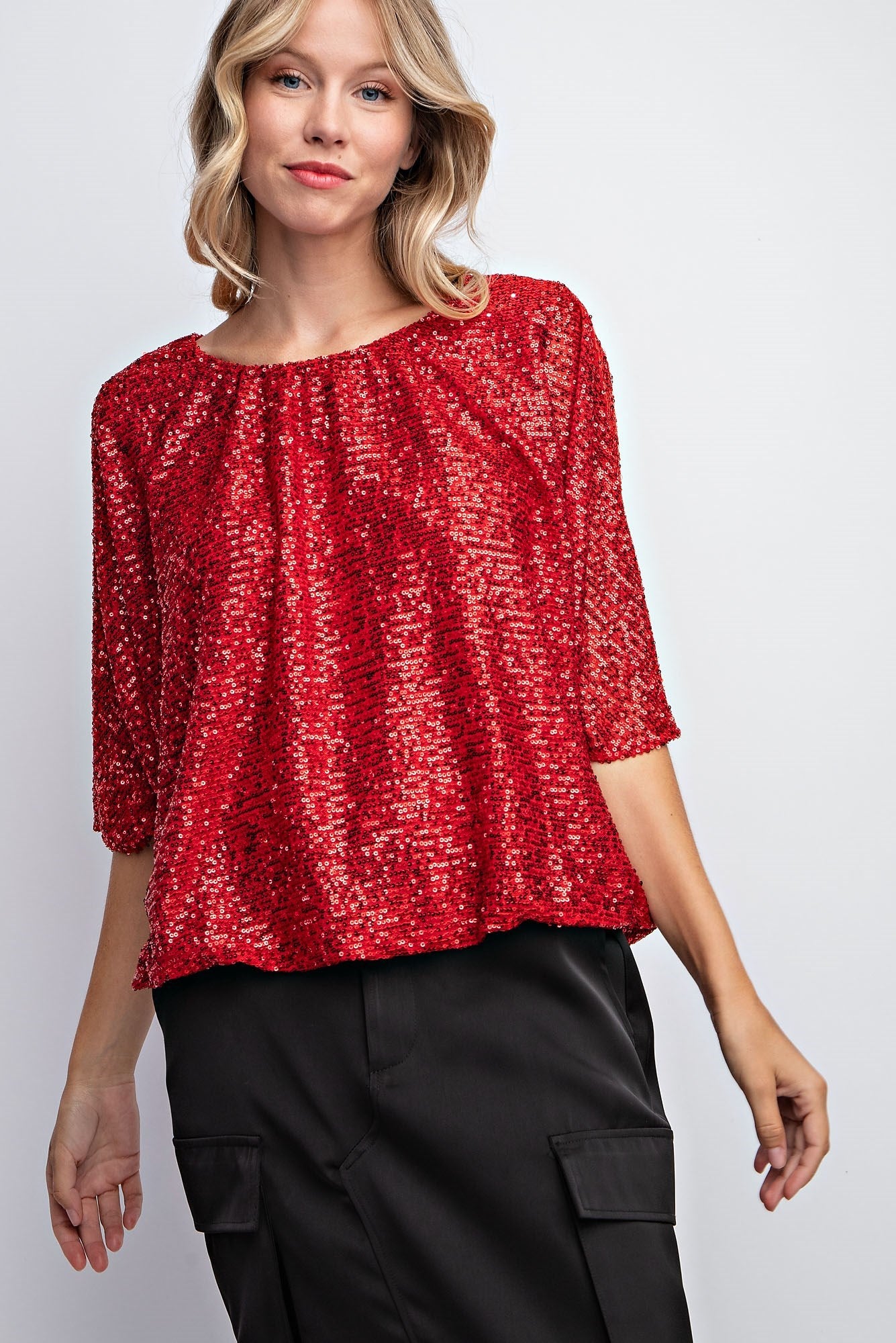 FLUTTER SLEEVE SEQUIN BLOUSE TOP