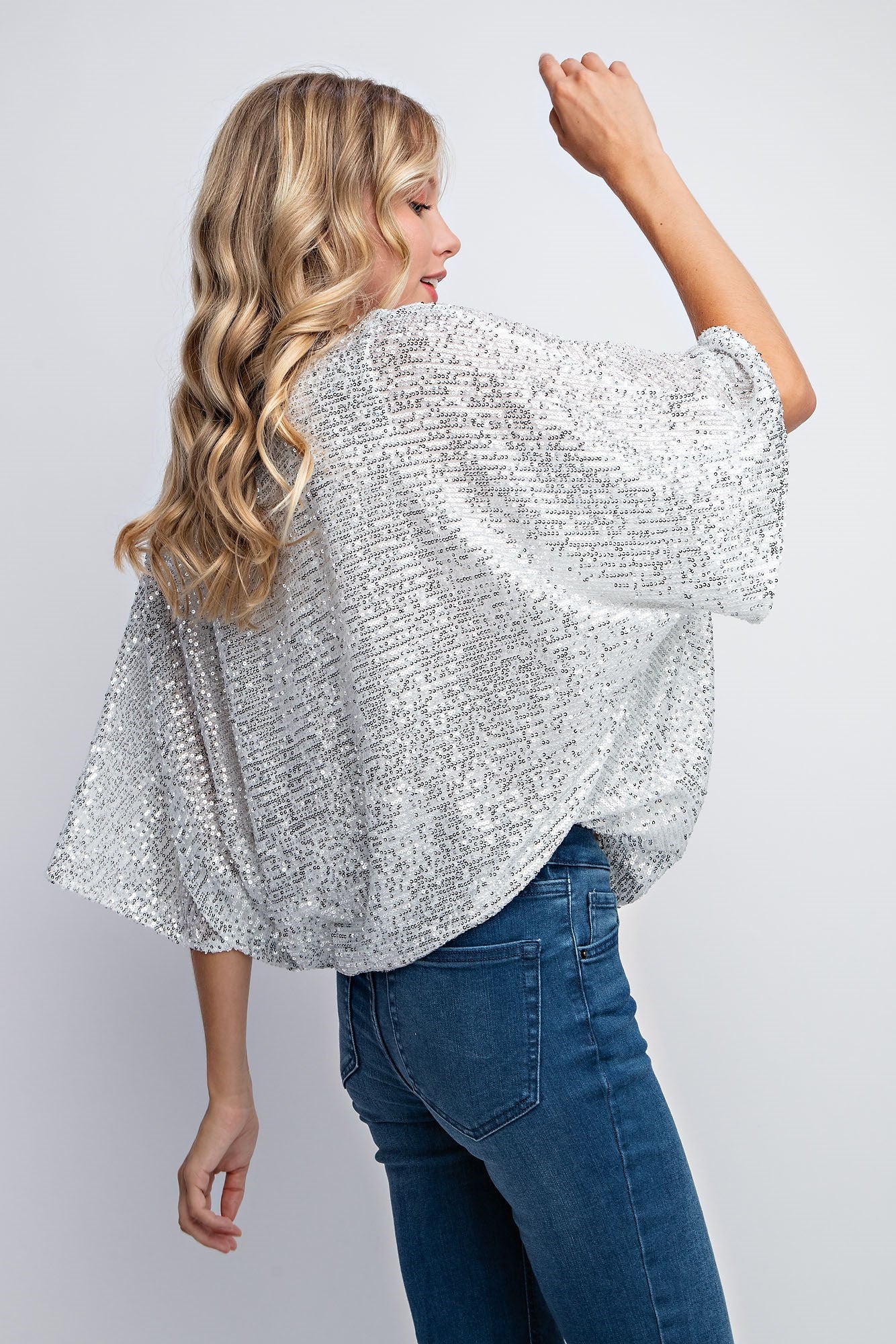 FLUTTER SLEEVE SEQUIN BLOUSE TOP